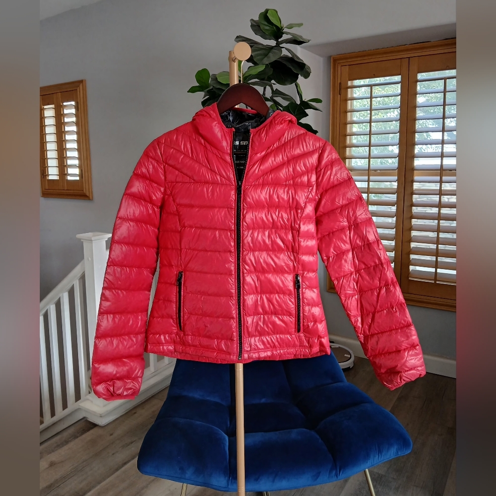Miss Sixty Hooded Packable Down Jacket in Red. Size XS
